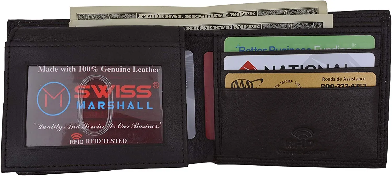 Swiss Marshal Premium Leather Men's Bifold Fixed ID Flap Card Holder Wallet