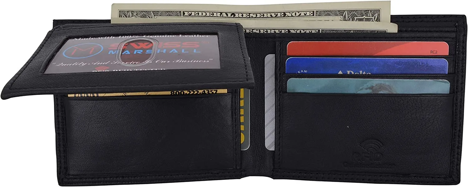 Swiss Marshal Premium Leather Men's Bifold Fixed ID Flap Card Holder Wallet