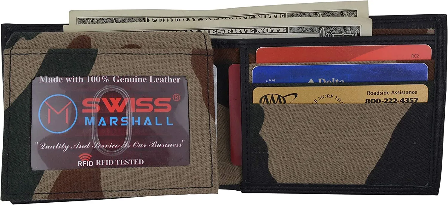 Swiss Marshal Premium Leather Men's Bifold Fixed ID Flap Card Holder Wallet