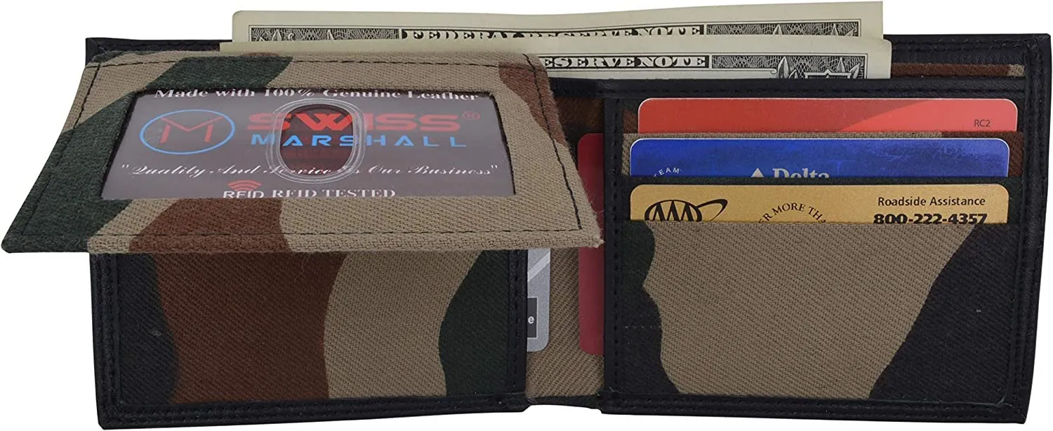 Swiss Marshal Premium Leather Men's Bifold Fixed ID Flap Card Holder Wallet