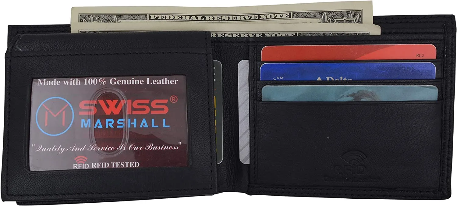 Swiss Marshal Premium Leather Men's Bifold Fixed ID Flap Card Holder Wallet