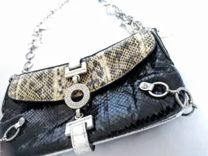 Tosca Blu Rare Shoulder Saddle Bag – Designer Snakeskin Leather Bag, Jeweled Chain-Link Strap, Stylish & Trendy, Vintage