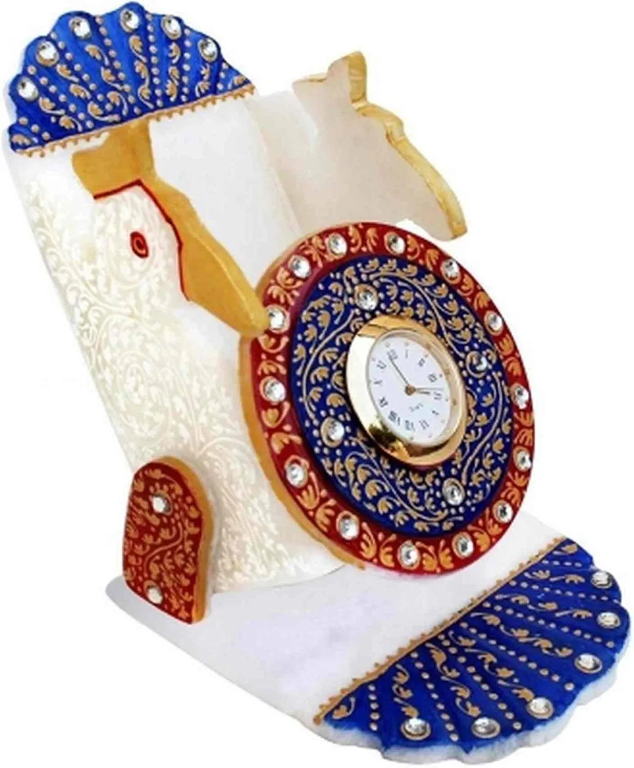 Unique Indian Crafts Marble Table Mobile Stand with Clock Hand Painted