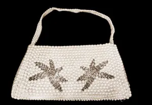 VINTAGE 1950s / 1960s PEARL & SILVER SHOT EVENING BAG WITH METAL ZIPPER