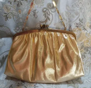 *VINTAGE 1960s H L GOLD EVENING BAG WITH UNIQUE CHAIN HANDLE AND LOVELY SATIN LINING