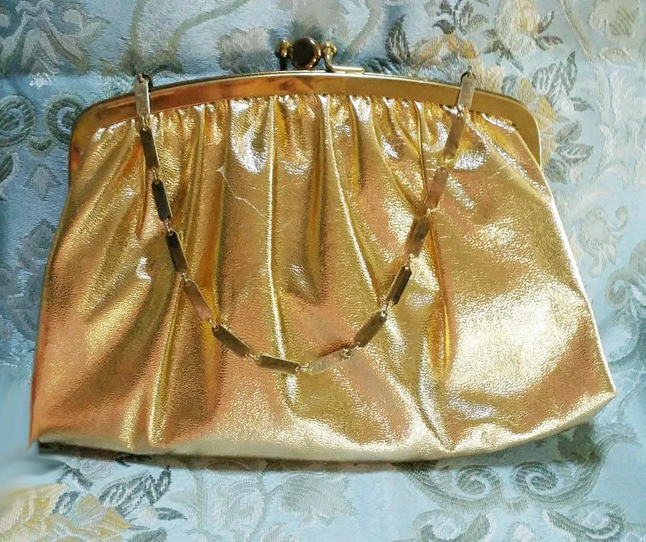 *VINTAGE 1960s H L GOLD EVENING BAG WITH UNIQUE CHAIN HANDLE AND LOVELY SATIN LINING