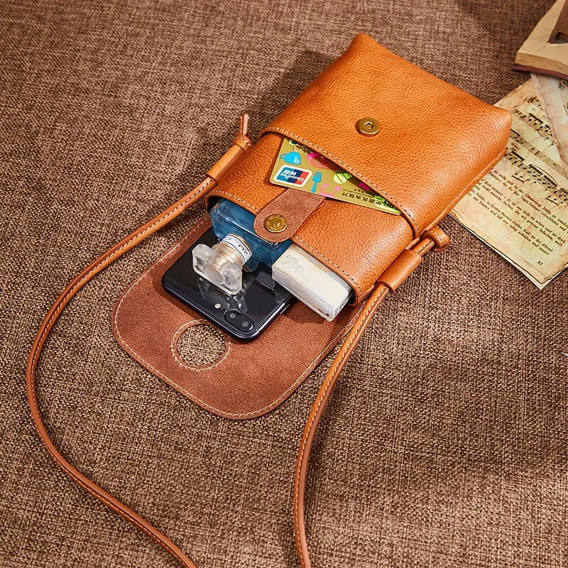 Vintage Cowhide Phone Bag Ladies Elegant Single Shoulder Crossbody