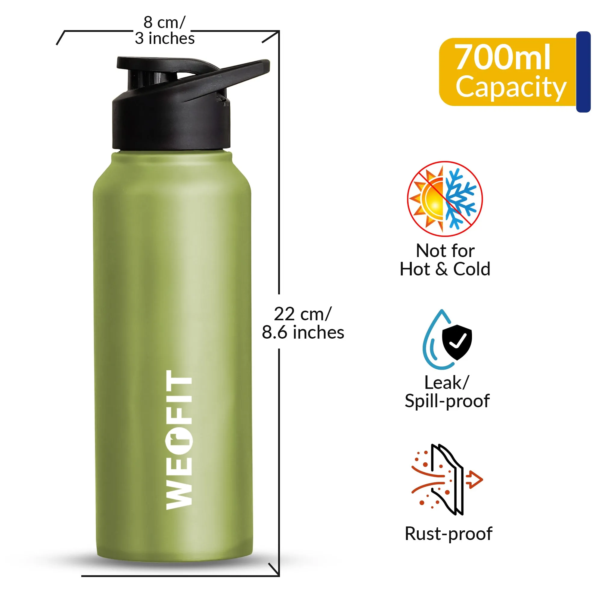 WErFIT Leak Proof Steel Water Bottle for Sport, Home, Gym, Office, School, Sipper Cap 700 ml Shaker  (Pack of 1, Green, Steel)