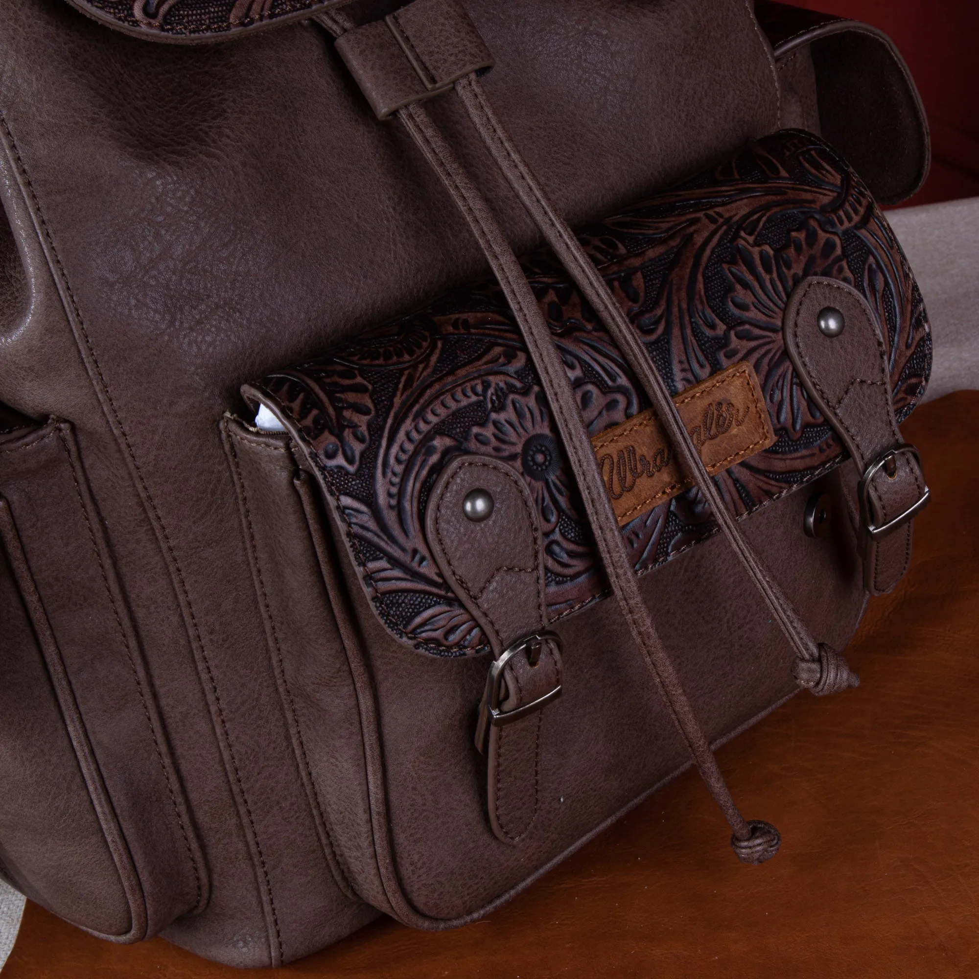 WG12-9110B  Wrangler Vintage Floral Tooled Backpack - Coffee