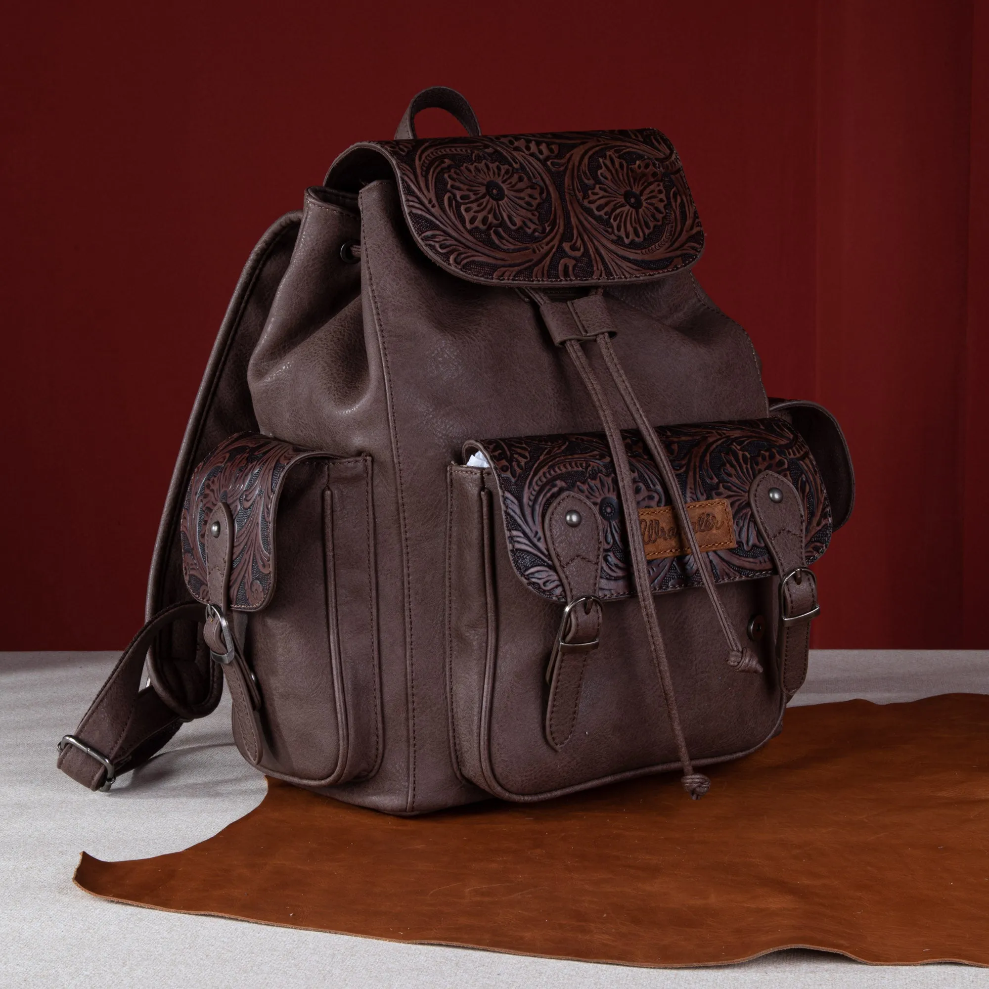 WG12-9110B  Wrangler Vintage Floral Tooled Backpack - Coffee