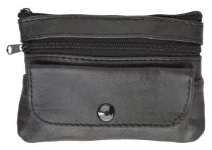 Women's Black Genuine Leather Coin Change Purse W/ Key Rind & Snap Pocket