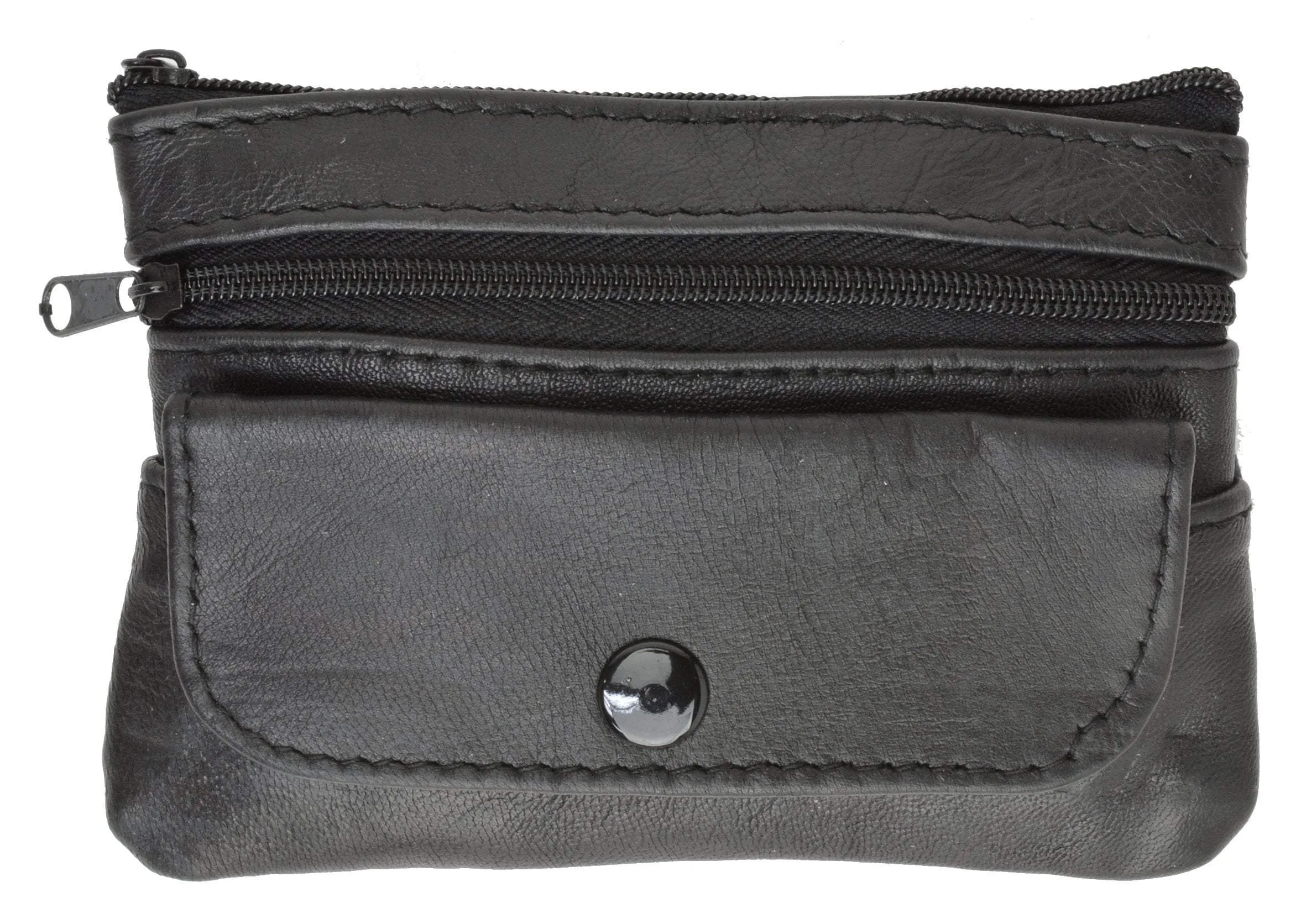 Women's Black Genuine Leather Coin Change Purse W/ Key Rind & Snap Pocket