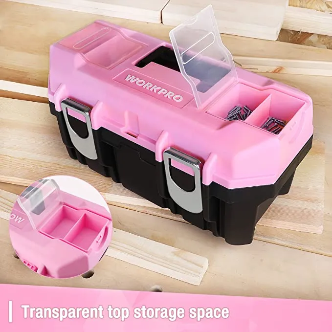 WORKPRO - #‎W083058A - 16-inch Tool Box, Pink Plastic Toolbox with Metal Latch and Removable Tray