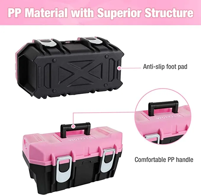 WORKPRO - #‎W083058A - 16-inch Tool Box, Pink Plastic Toolbox with Metal Latch and Removable Tray