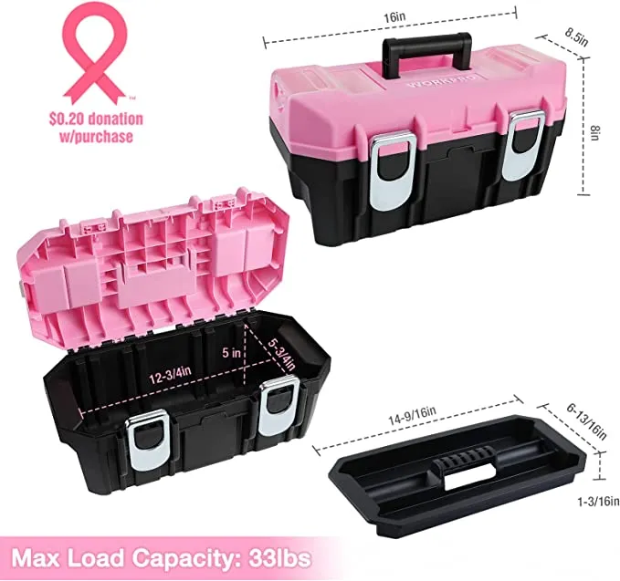 WORKPRO - #‎W083058A - 16-inch Tool Box, Pink Plastic Toolbox with Metal Latch and Removable Tray